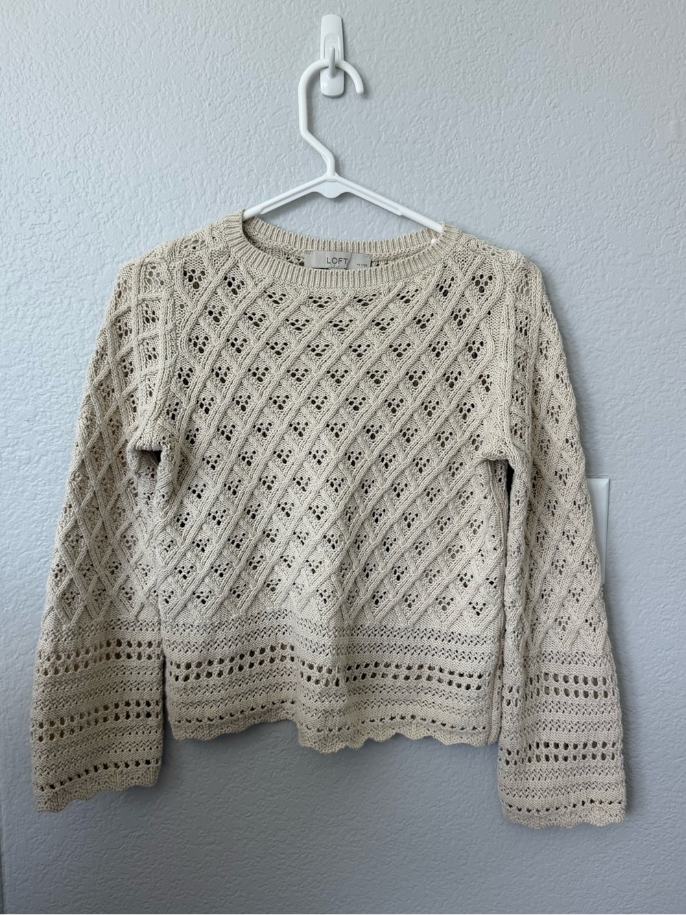 LOFT Beige Open-Knit Diamond Crewneck Sweater